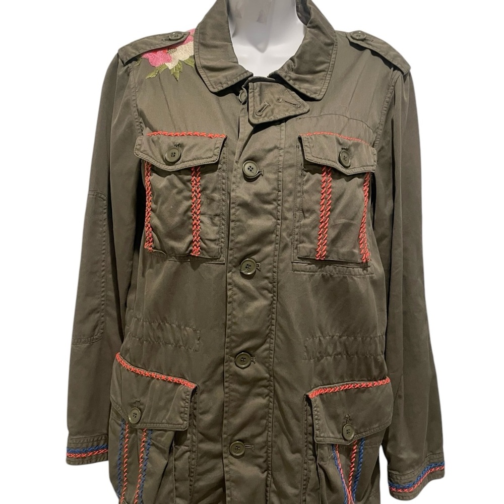 JW LOS ANGELES JOHNNY WAS Womens Olive Green Embroidered Button Cargo Jacket
